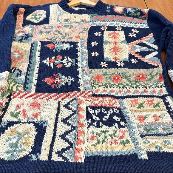 Heirloom Collectibles Vintage Patchwork Knit Sweater Cottagecore Sz Medium Ramie - Picture 8 of 9